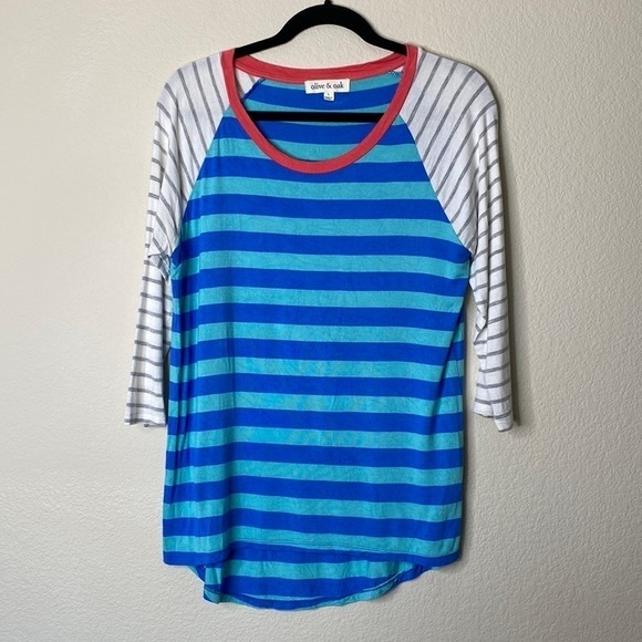 Olive & Oak top women’s large blue green stripe 3/4 length large stretchy - Picture 1 of 4